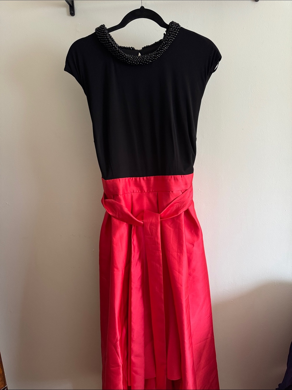 Beaded-Neck Black & Red Prom Gown with Sash Waist